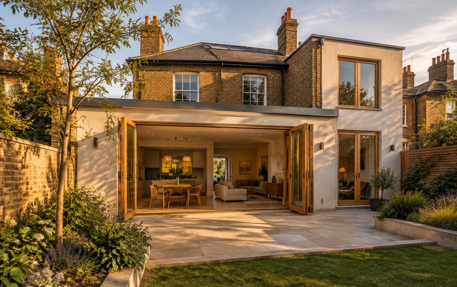 Completed house extension with open bi-fold doors onto a paved terrace at sunset